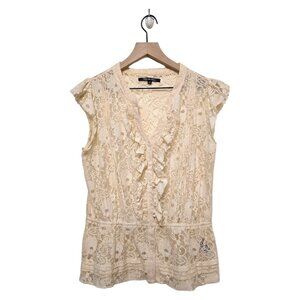 Magnolia Lane Ivory Lace V-Neck Cap Sleeve Cottagecore Blouse Sz M